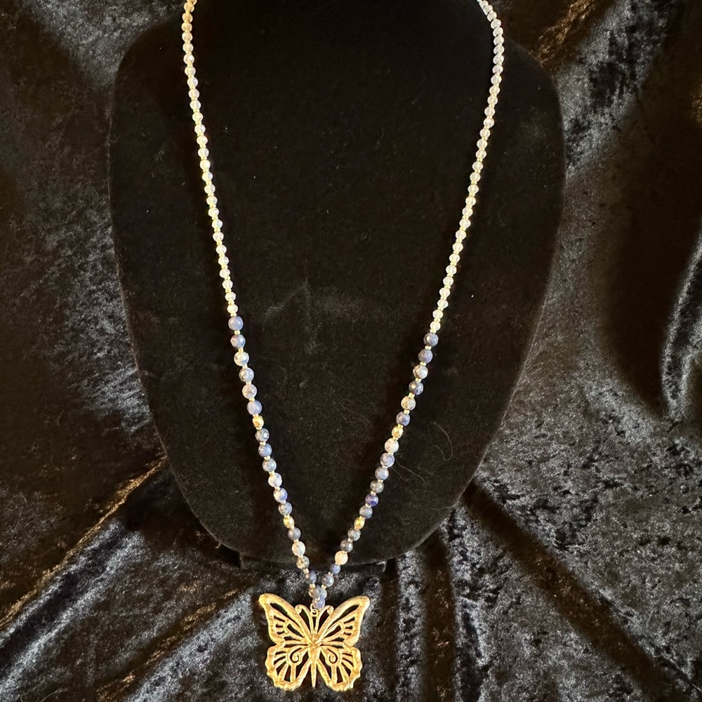 NWT Anne Marie Gold Butterfly Necklace with Blue and White Beads